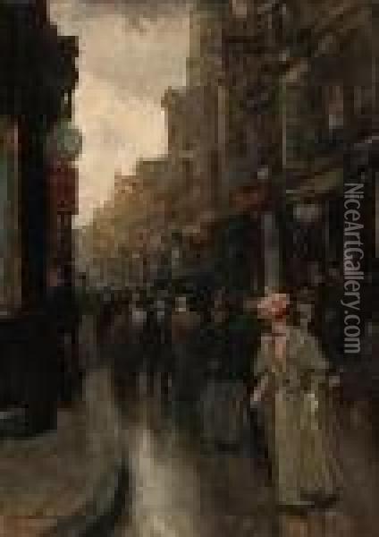 Pedestrians Strolling Along The Spuistraat, The Hague Oil Painting - Floris Arntzenius