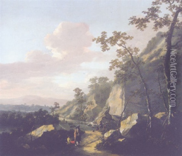 A Rocky Landscape With Travelers On A Path, Fisherman By A Waterfall Beyond Oil Painting - Jacob De Heusch