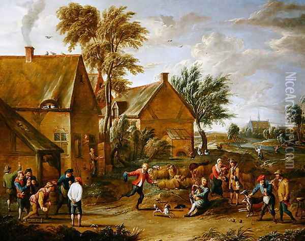 A Game of Bowls by a Tavern Oil Painting - Alexander van Bredael