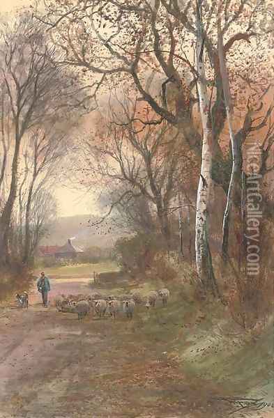 A shepherd and his flock wandering down a rural lane Oil Painting - Henry Charles Fox