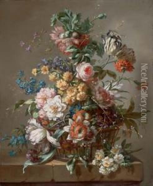 Bouquet De Fleurs Dans Une Corbeille Sur Un Entablement Oil Painting - Jean Jacques Bachelier