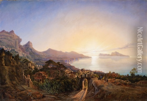 An Italian Coastal Landscape At Sunset Oil Painting - Emil Theodor Richter