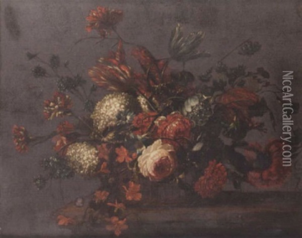 Roses, Carnations, Peonies, Tulips, Morning Glory And Other Flowers On A Basket On A Ledge Oil Painting - Nicolas Baudesson