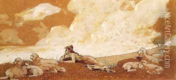 Girl and Sheep Oil Painting - Winslow Homer