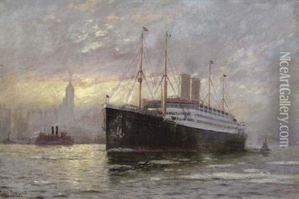 The S.s. Kaiser Wilhelm Ii In New York Harbor Oil Painting - Fred Pansing