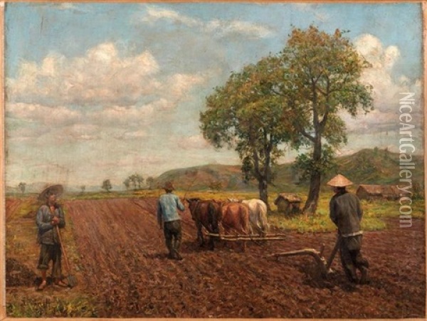 Paysans Labourant Un Champs De Riziere Oil Painting - Serguei Ivanovitch Lobanoff