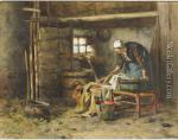 Washerwoman In A Cottage Interior Oil Painting - Johannes Weiland