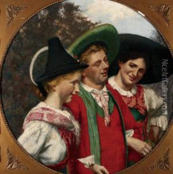 Jongen Met Jonge Twee Vrouwen In Beierse Klederdracht Oil Painting - Adolf Gustav Schlabitz
