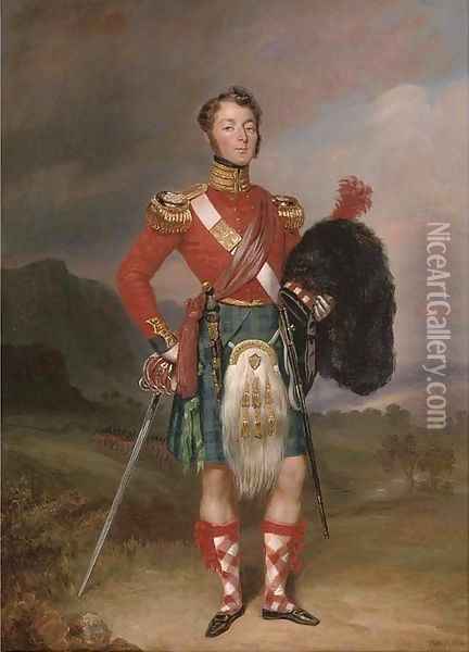 Portrait of Captain Robert Williamson Ramsay, small full-length, in the uniform of the 42nd Foot, the Black Watch, in a Highland landscape Oil Painting - Charles Achille D'Hardiviller