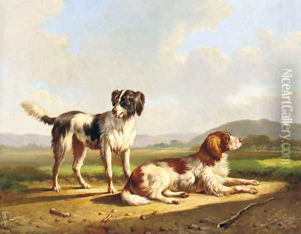 Two hunting dogs in a summer landscape Oil Painting - Albertus Verhoesen