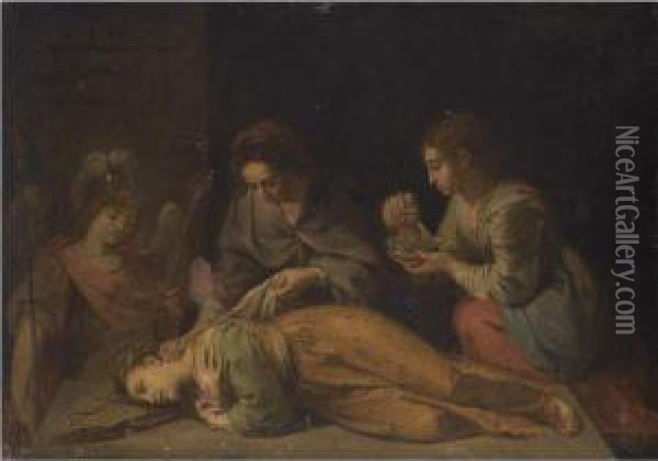 Saint Cecilia, Tended By Her Guardian Angel, Recovering From Three
Blows Of A Sword Oil Painting - Raffaello Vanni