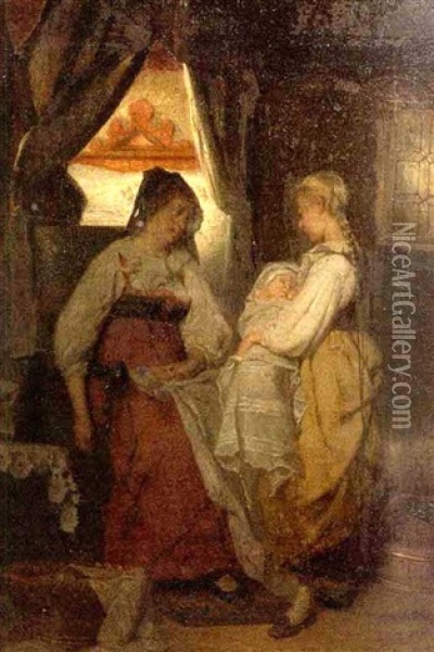 Interior Scene With Woman And Girl Holding A Baby Oil Painting - Theodore Gerard