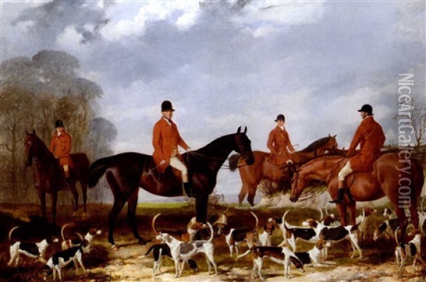 George Mure Of Herringswell, Master Of The East Suffolk     Hunt, On A Bay Hunter, With Huntsmen And Hounds Oil Painting - Harry Hall
