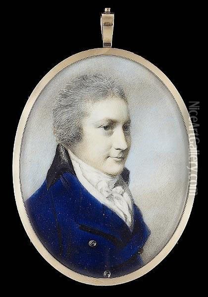 A Gentleman, Three-quarter 
Profile To The Right, Wearing Blue Coat With Black Velvet Collar, White 
Waistcoat And Tied Cravat, His Hair Powdered And Worn Short Oil Painting - George Engleheart