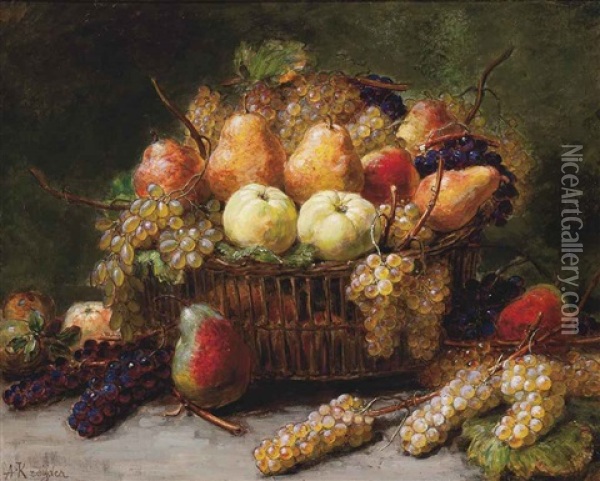 Pears, Apples And Grapes In A Wicker Basket On A Stone Ledge Oil Painting - Alexis Kreyder