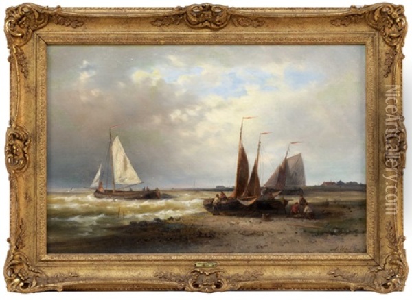 Fishing Boats Unloading Their Catch Onshore Oil Painting - Abraham Hulk the Elder