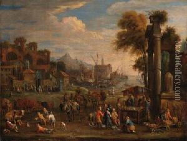 Peasants By A Mediterranean 
Harbour With Classical Ruins; Andshepherds, Peasants And Merchants With 
Classical Ruins Oil Painting - Peeter van Bredael