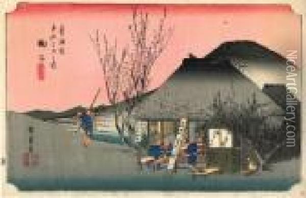 Les 53 Stations Du Tokaido, Maruki, Meibutsu Cha-mise Oil Painting - Utagawa or Ando Hiroshige