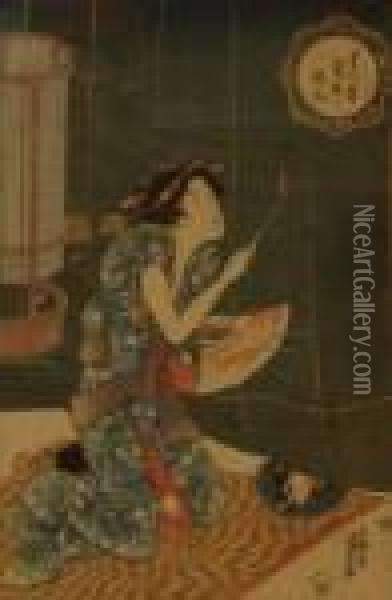 Dame Agenouillee, Tenant Une Allumette Enflammee Oil Painting - Kunisada