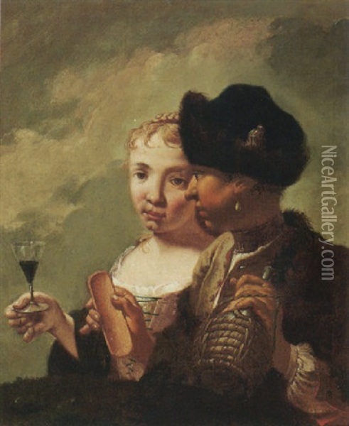 A Young Couple Drinking Wine Oil Painting - Domenico Maggiotto