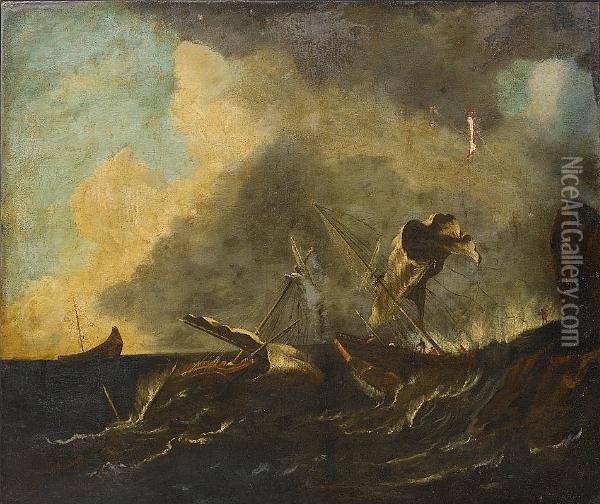 Shipping Foundering In Stormy Seas Off A Rocky Coastline Oil Painting - Matthieu Van Plattenberg