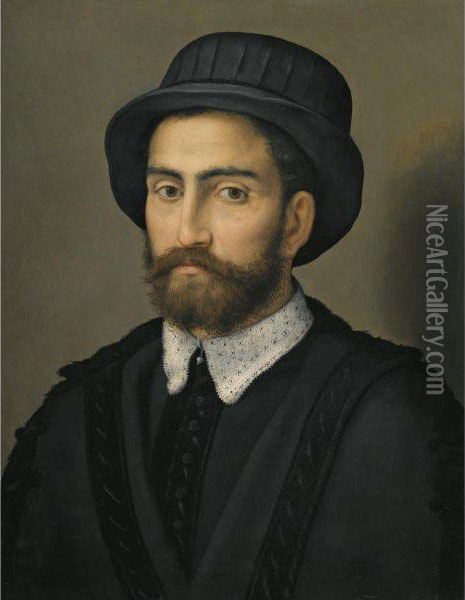 Portrait Of A Man, Bust Length, Wearing A Black Coat And Hat Oil Painting - Pier Francesco Foschi