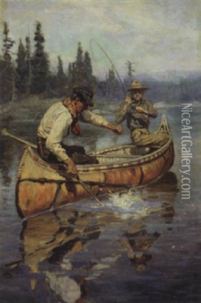 Two Fishermen In A Birch Canoe Oil Painting - Philip Russell Goodwin
