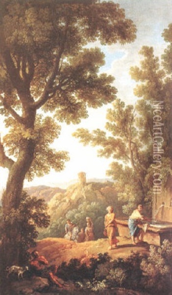 Arkadische Landschaft Mit Figuren An Einem Brunnen Und Turm Auf Einem Berg Oil Painting - Andrea Locatelli