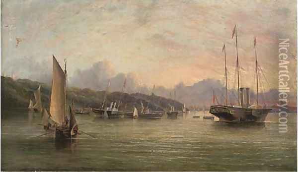The flotilla of Royal Yachts lying in Osborne Bay prior to Queen Victoria's departure for France in August, 1855 Oil Painting - Arthur Wellington Fowles