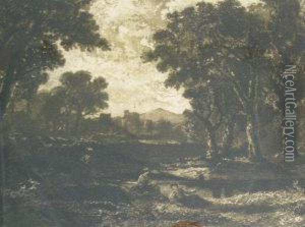 Figures By A Pond Withtrees Oil Painting - William Brassey Hole