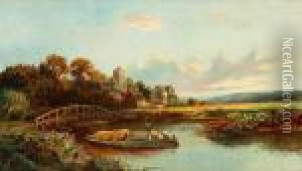 A Barge On The River, Chislet, Kent Oil Painting - Daniel Sherrin