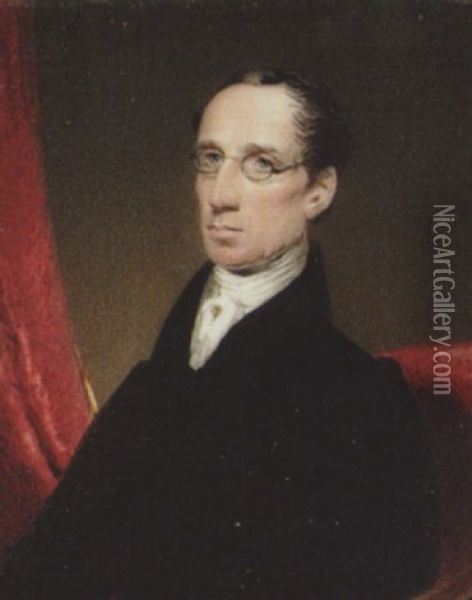 Mr. Crockett Junior Wearing Spectacles, Black Coat, Waistcoat And White Cravat With Stickpin, A Red Curtain To His Right Oil Painting - George Hargreaves