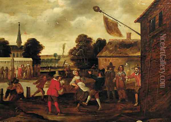 Peasants making merry in a village square Oil Painting - Cornelis Droogsloot
