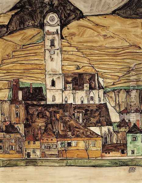 Stein On The Danube Oil Painting - Egon Schiele
