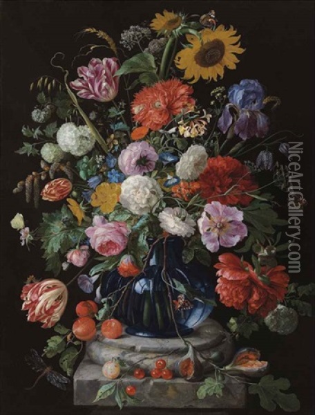 Tulips, A Sunflower, An Iris, Anemone, Hydrangeas, Honeysuckle, Willow Catkins, Carnations And Other Flowers In A Glass Vase On A Marble Pediment Oil Painting - Jan Davidsz De Heem