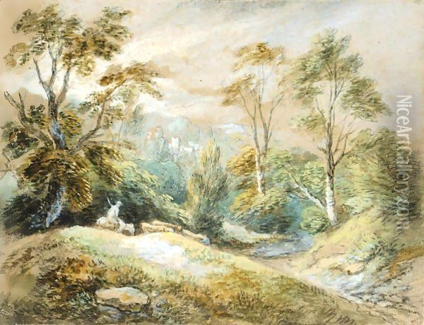 A Wooded Landscape With Herdsman And Cattle Oil Painting - Thomas Gainsborough
