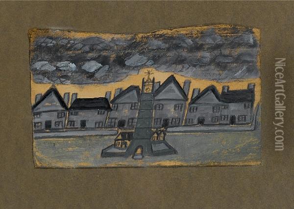 Houses With Clock Tower Oil Painting - Alfred Wallis