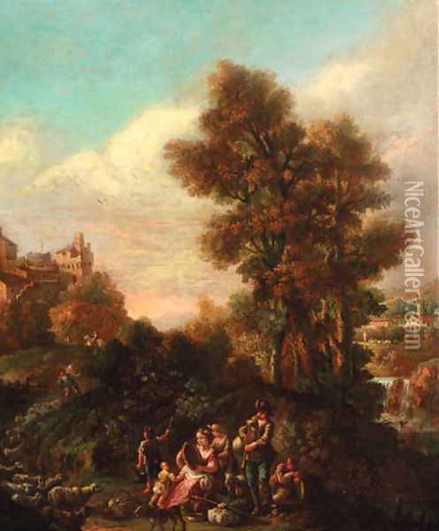 An Italianate landscape with shepherds making music by a river, a hilltop town beyond Oil Painting - Pietro Domenico Oliviero