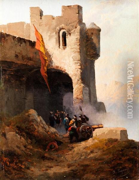 Kanoniere An Einem Festungsturm In Italienischer
Berglandschaft Oil Painting - Rinaldo Saporiti