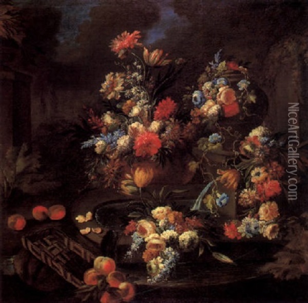 Groses, Dekoratives Blumenstuck Mit Blumen In Tonvasen An Einem Brunnen In Einem Schlospark Oil Painting - Abraham Brueghel