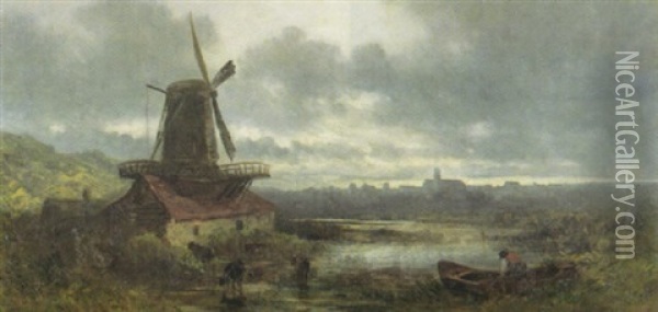 Gewitterstimmung Uber Einer Hollandischen Landschaft Mit Einer Windmuhle Oil Painting - Eduard Schleich the Elder
