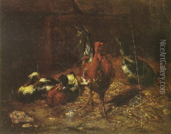 A Cock, Chickens And Ducks In A Stable Interior Oil Painting - Philibert-Leon Couturier