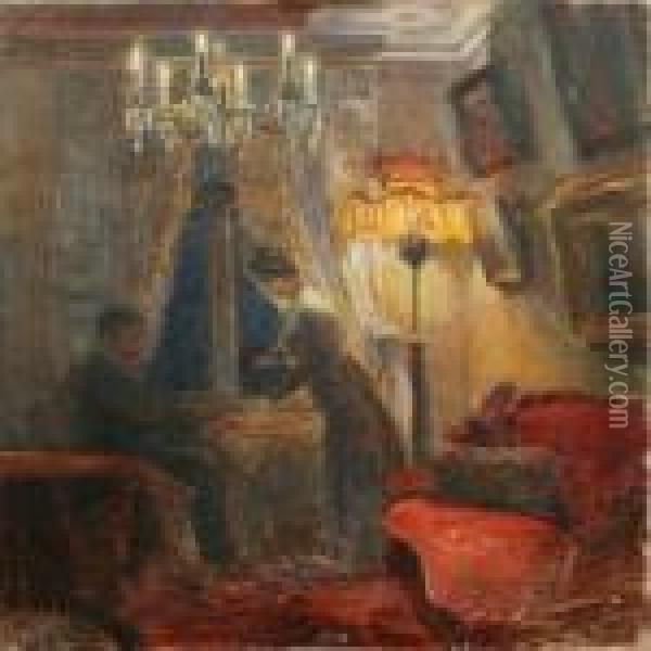 Interior With Persons Oil Painting - Poul Friis Nybo