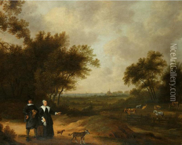 A Double Portrait Of A Couple Promenading With Their Dogs Through Their Country Estate Oil Painting - Herman Mijnerts Doncker