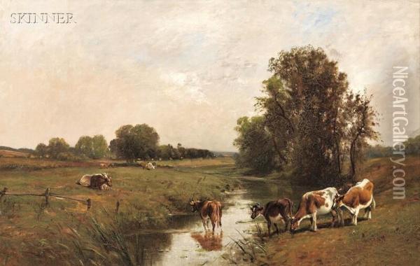 Cows By A Stream Oil Painting - Edward B. Gay