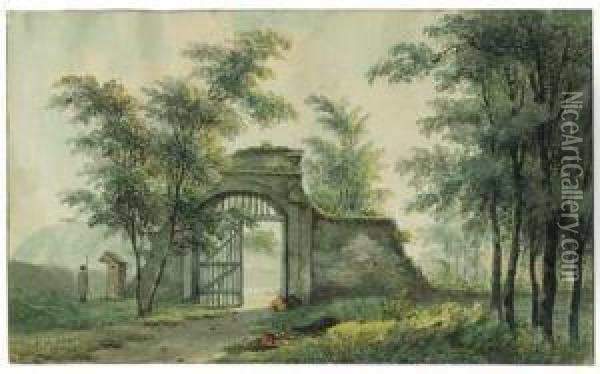 A Guard By A Gate In A Wooded Landscape Oil Painting - Willem De Klerk