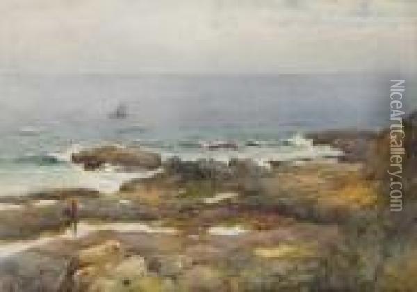 On The Portstewart Rocks, Countyderry Oil Painting - Helen O'Hara