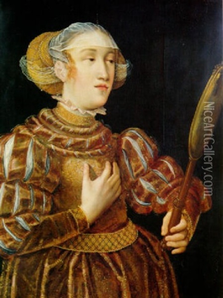 Portrait Of A Noble Woman, Standing Three-quarter Length, Holding A Mirror Oil Painting - Lucas Cranach the Younger