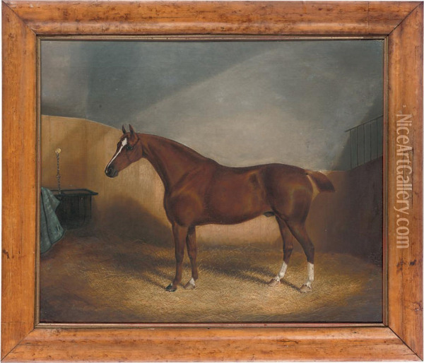 A Bay Hunter In His Stall; And A Bay Hunter In A Stable Oil Painting - James Senior Clark