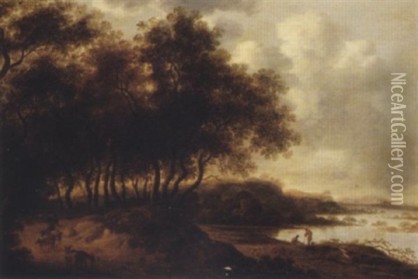 A Wooded River Landscape With A Shepherd, Sheep And A Goat On A Track Oil Painting - Pieter de Neyn